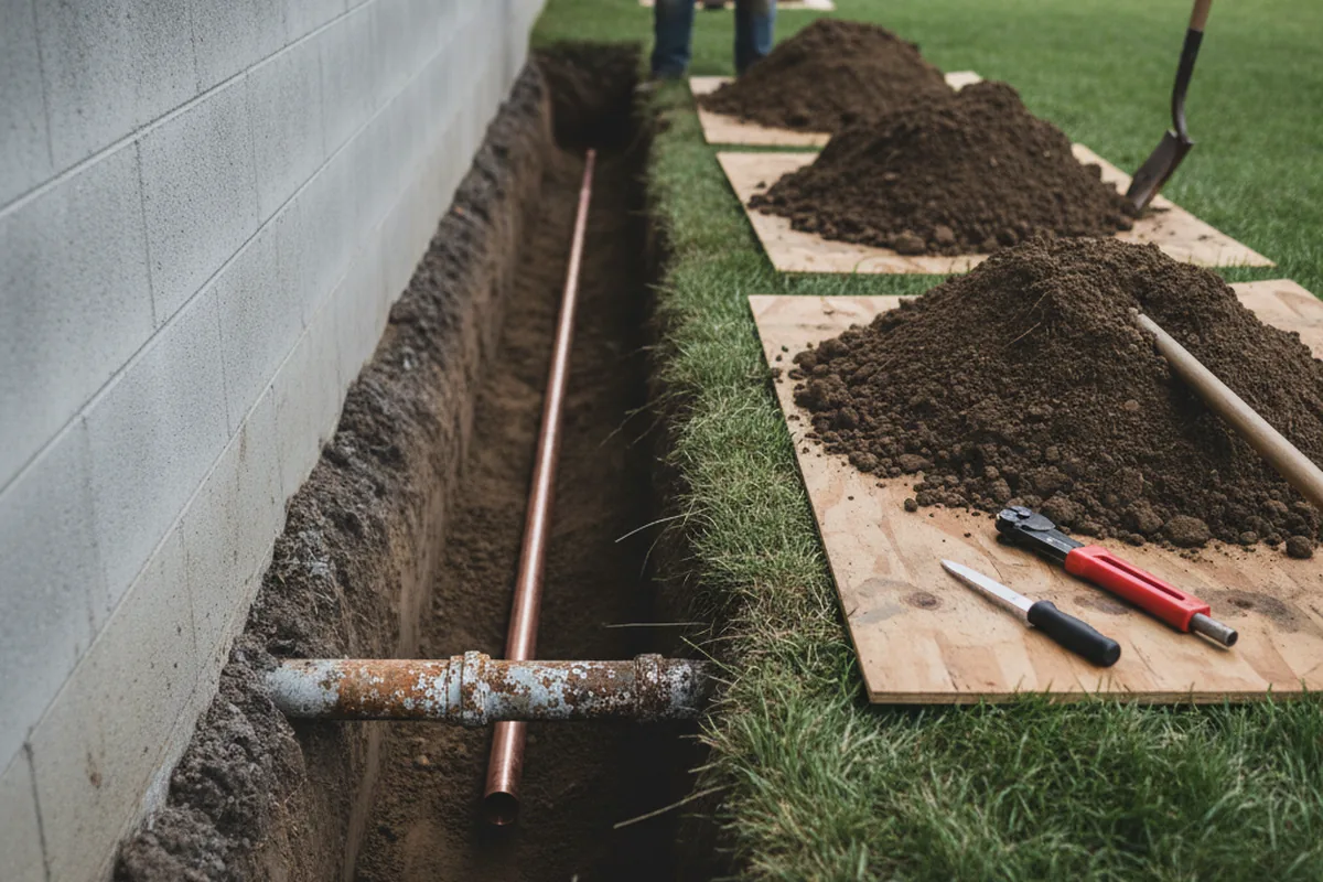 Excavated water line trench during Sewer Line Repair in Mullins